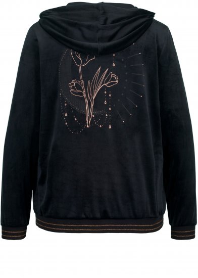 Ulla Popken Tulip Line Print Velour Zip Hoodie Black - Суичъри & cуичъри с качулка - 