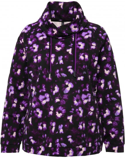 Ulla Popken Floral Print Drawstring Collar Hoodie Black - Суичъри & cуичъри с качулка - 