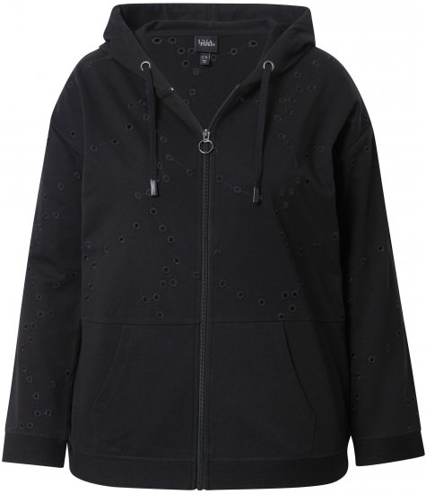 Ulla Popken Eyelet Embroidered Zip-Up Hoodie Black - Суичъри & cуичъри с качулка - 