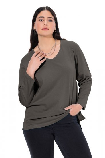 Ulla Popken Back To Basics V-Neck Relaxed Fit Cotton Tee Graphite Grey - Тениски - Дамски тениски