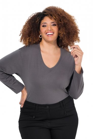 Ulla Popken Back To Basics V-Neck Relaxed Fit Cotton Tee Graphite Grey - Тениски - Дамски тениски