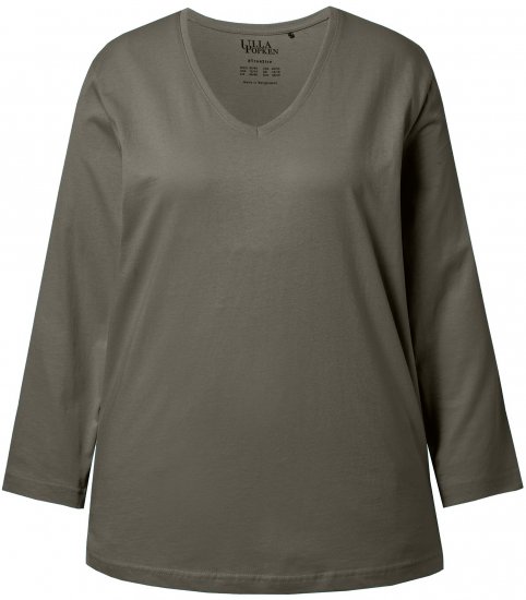 Ulla Popken Back To Basics V-Neck Relaxed Fit Cotton Tee Olive - Тениски - 