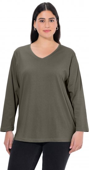 Ulla Popken Back To Basics V-Neck Relaxed Fit Cotton Tee Olive - Тениски - 