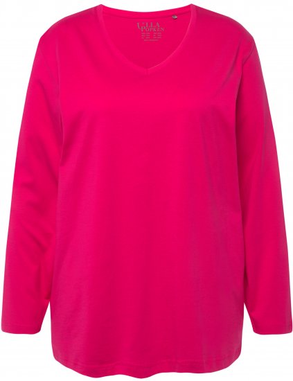 Ulla Popken Back To Basics V-Neck Relaxed Fit Cotton Tee Magenta Pink - Тениски - 