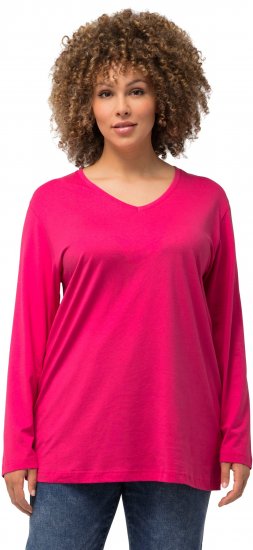 Ulla Popken Back To Basics V-Neck Relaxed Fit Cotton Tee Magenta Pink - Тениски - 