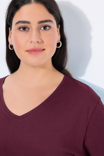Ulla Popken Back To Basics V-Neck Relaxed Fit Cotton Tee Dark Berry - Тениски - Дамски тениски