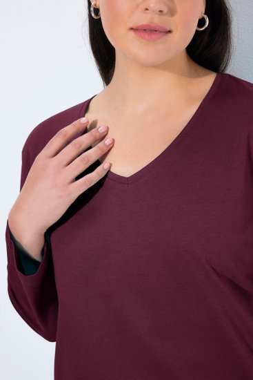 Ulla Popken Back To Basics V-Neck Relaxed Fit Cotton Tee Dark Berry - Тениски - Дамски тениски
