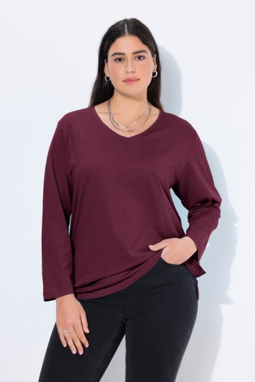 Ulla Popken Back To Basics V-Neck Relaxed Fit Cotton Tee Dark Berry - Тениски - Дамски тениски