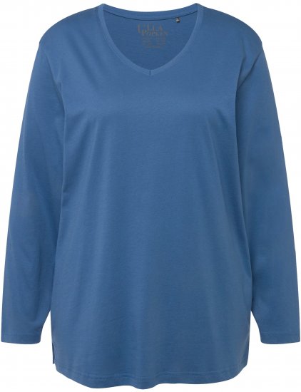 Ulla Popken Back To Basics V-Neck Relaxed Fit Cotton Tee Denim Blue - Тениски - 