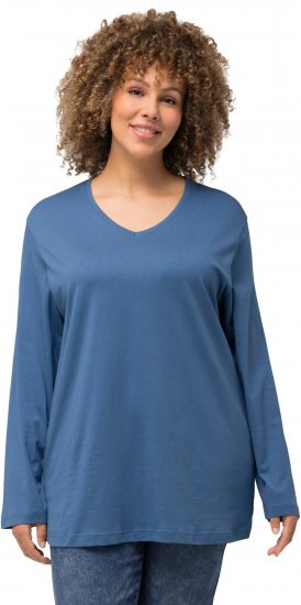 Ulla Popken Back To Basics V-Neck Relaxed Fit Cotton Tee Denim Blue - Тениски - 