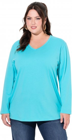 Ulla Popken Back To Basics V-Neck Relaxed Fit Cotton Tee Deep Aqua - Тениски - 