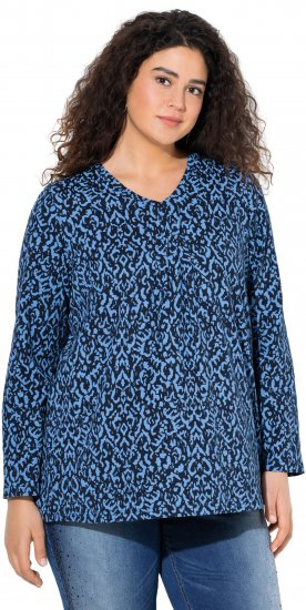 Ulla Popken Geometric Print 3/4 Sleeve Pleated Tee Navy Blue - Печатни тениски за жени - 