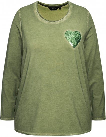 Ulla Popken Cold Dyed Sequined Heart Long Sleeve Tee Sage Green - Печатни тениски за жени - 
