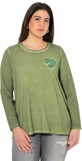 Ulla Popken Cold Dyed Sequined Heart Long Sleeve Tee Sage Green - Печатни тениски за жени - 