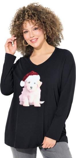 Ulla Popken Puppy Graphic Christmas Long Sleeve T-Shirt Black - Тениски - 