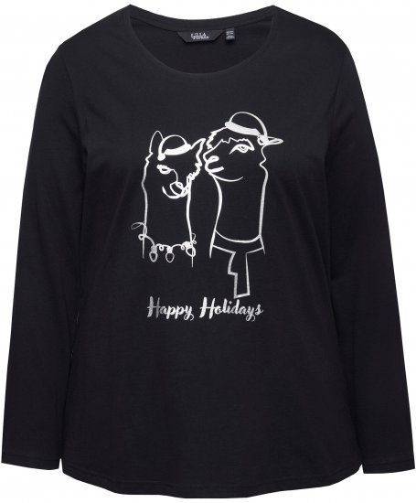 Ulla Popken Metallic Graphic Holiday Tee Black - Печатни тениски за жени - 
