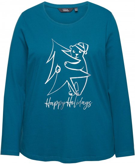 Ulla Popken Metallic Graphic Holiday Tee Teal - Печатни тениски за жени - 