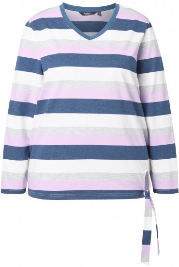Ulla Popken Striped Knotted Hem Long Sleeve Tee Lavender - Печатни тениски за жени - 