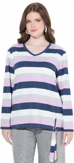 Ulla Popken Striped Knotted Hem Long Sleeve Tee Lavender - Печатни тениски за жени - 