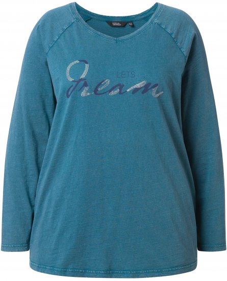 Ulla Popken Dream Rhinestone Lettering Long Sleeve Tee Teal - Печатни тениски за жени - 