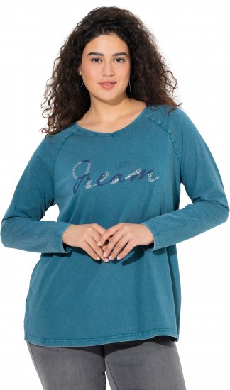Ulla Popken Dream Rhinestone Lettering Long Sleeve Tee Teal - Печатни тениски за жени - 