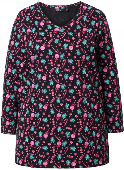 Ulla Popken Peppermint Tree V-Neck Holiday Cotton Long Sleeve Knit Tunic Black - Печатни тениски за жени - 