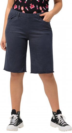 Ulla Popken Frayed Hemline Elastic Waistband Bermuda Shorts Navy - Дамски Дънки & Панталони в Големи Размери – Plus Size - 