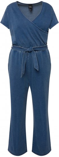 Ulla Popken Wrap Look Short Sleeve Denim Jumpsuit Blue - Дамски Дънки & Панталони в Големи Размери – Plus Size - 