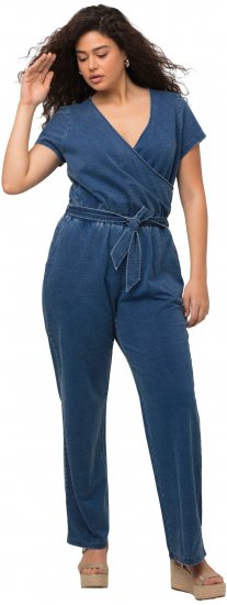 Ulla Popken Wrap Look Short Sleeve Denim Jumpsuit Blue - Дамски Дънки & Панталони в Големи Размери – Plus Size - 