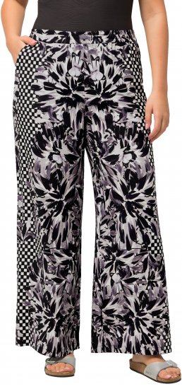 Ulla Popken Checkered Floral Elastic Waist Palazzo Paints Black - Дамски Дънки & Панталони в Големи Размери – Plus Size - 