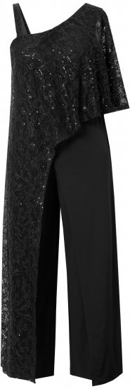 Ulla Popken Asymmetric Lace Panel Jumpsuit Black - Дамски Дънки & Панталони в Големи Размери – Plus Size - 