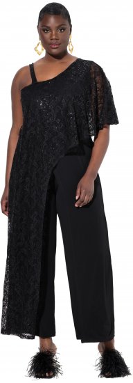 Ulla Popken Asymmetric Lace Panel Jumpsuit Black - Дамски Дънки & Панталони в Големи Размери – Plus Size - 