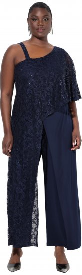 Ulla Popken Asymmetric Lace Panel Jumpsuit Navy - Дамски Дънки & Панталони в Големи Размери – Plus Size - 