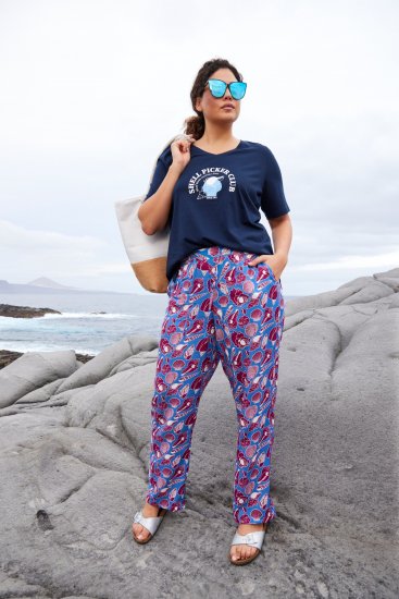 Ulla Popken Seashell Print Elastic Waist Pants Blue - Дамски Дънки & Панталони в Големи Размери – Plus Size - 