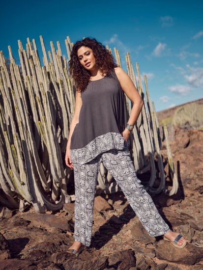Ulla Popken Mosaic Print Elastic Waist Pants Black - Дамски Дънки & Панталони в Големи Размери – Plus Size - 