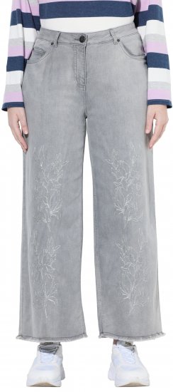 Ulla Popken Embroidered Wide Leg Fringed Hem Jeans Grey - Дамски Дънки & Панталони в Големи Размери – Plus Size - 