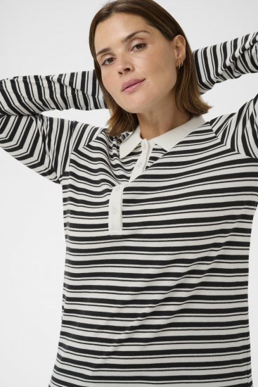 Kaffe Curve Miana Long Sleeve Polo Chalk with Black Stripe - Поло тениски - 