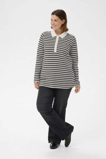 Kaffe Curve Miana Long Sleeve Polo Chalk with Black Stripe - Поло тениски - 