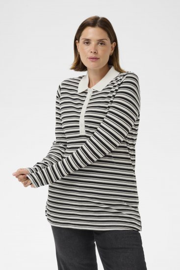 Kaffe Curve Miana Long Sleeve Polo Chalk with Black Stripe - Поло тениски - 