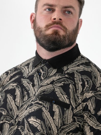 D555 Palmer Leaf Printed Jacquard Collar & Cuff Chest Pocket Polo Black - Поло тениски - мъжки тениски с яка големи размери