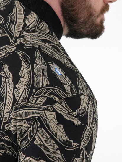 D555 Palmer Leaf Printed Jacquard Collar & Cuff Chest Pocket Polo Black - Поло тениски - мъжки тениски с яка големи размери