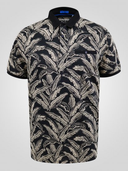 D555 Palmer Leaf Printed Jacquard Collar & Cuff Chest Pocket Polo Black - Поло тениски - мъжки тениски с яка големи размери