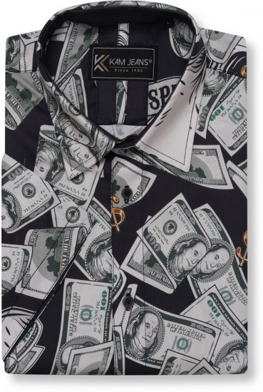 Kam Jeans 6064 Dollar Bills Print Short Sleeve Shirt Black - Ризи - мъжки ризи големи размери