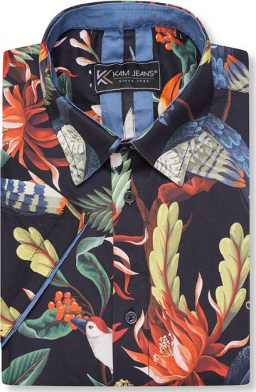Kam Jeans 6066 Bird Print Short Sleeve Shirt Navy - Ризи - мъжки ризи големи размери