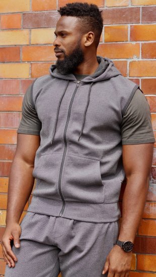 Kam Jeans 7077 Textured Interlock Sleeveless Hoodie Charcoal - Суичъри & cуичъри с качулка - мъжки суичъри големи размери
