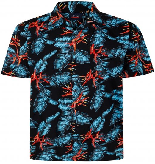 Espionage SH435 All Over Leaf Print Short Sleeve Shirt Black - Ризи с къс ръкав - мъжки ризи с къс ръкав големи размери