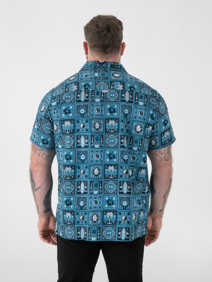 D555 Hawkins Printed Cuban Collar Resort Short Sleeve Shirt Teal - Ризи - мъжки ризи големи размери