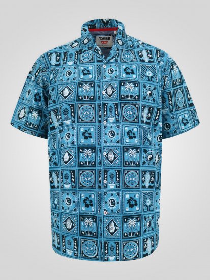 D555 Hawkins Printed Cuban Collar Resort Short Sleeve Shirt Teal - Ризи - мъжки ризи големи размери