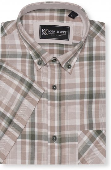 Kam Jeans 6339 Checked Short Sleeve Shirt Beige - Ризи - мъжки ризи големи размери