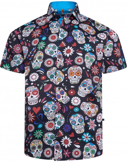 Kam Jeans 6069 Skull Print Short Sleeve Black - Ризи - мъжки ризи големи размери